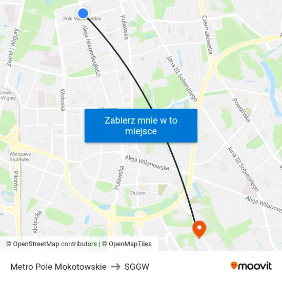 Metro Pole Mokotowskie to SGGW map