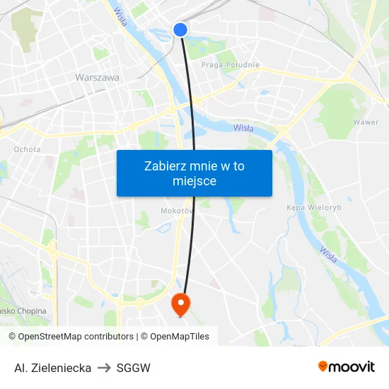 Al. Zieleniecka to SGGW map
