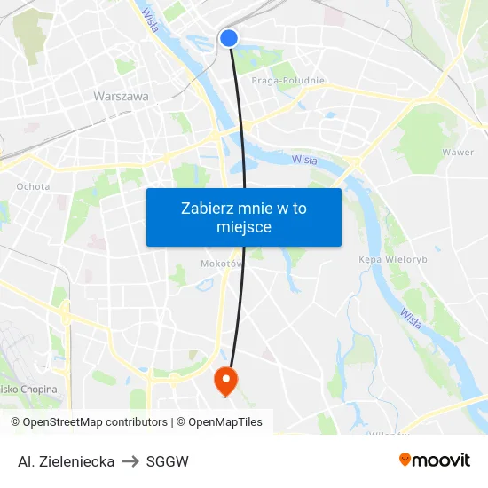 Al. Zieleniecka to SGGW map