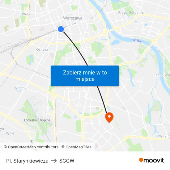 Pl. Starynkiewicza to SGGW map