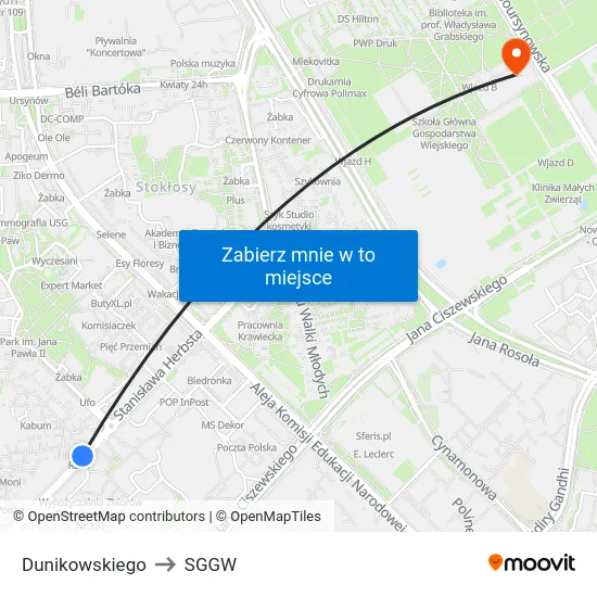 Dunikowskiego to SGGW map