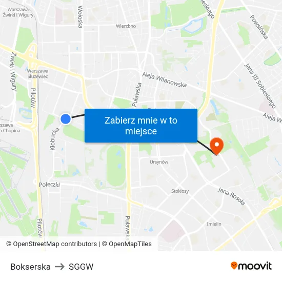 Bokserska to SGGW map