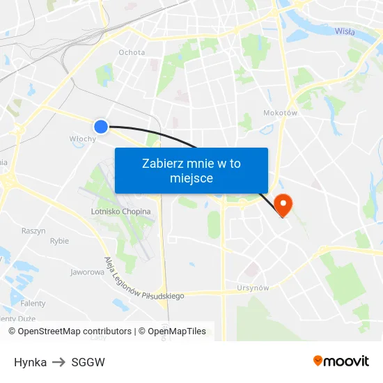 Hynka to SGGW map