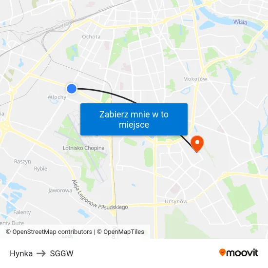 Hynka to SGGW map