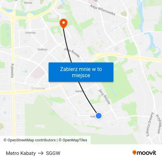 Metro Kabaty to SGGW map