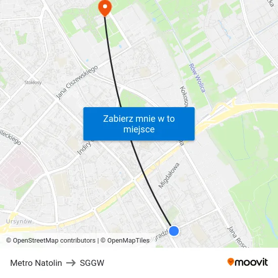 Metro Natolin to SGGW map