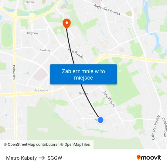 Metro Kabaty to SGGW map