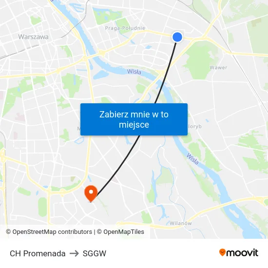 CH Promenada to SGGW map