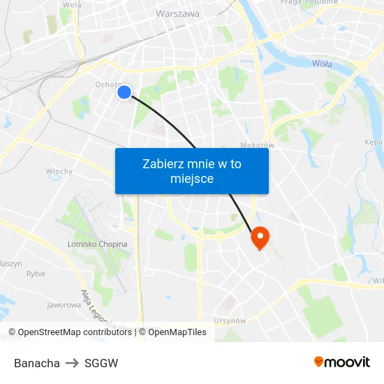 Banacha to SGGW map