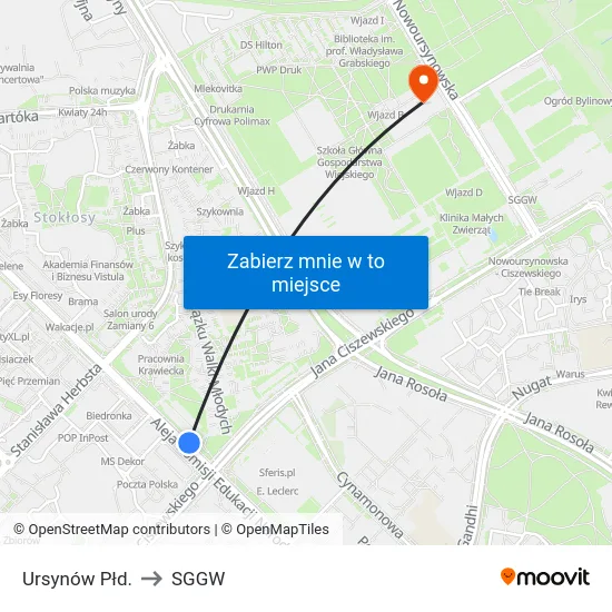 Ursynów Płd. to SGGW map