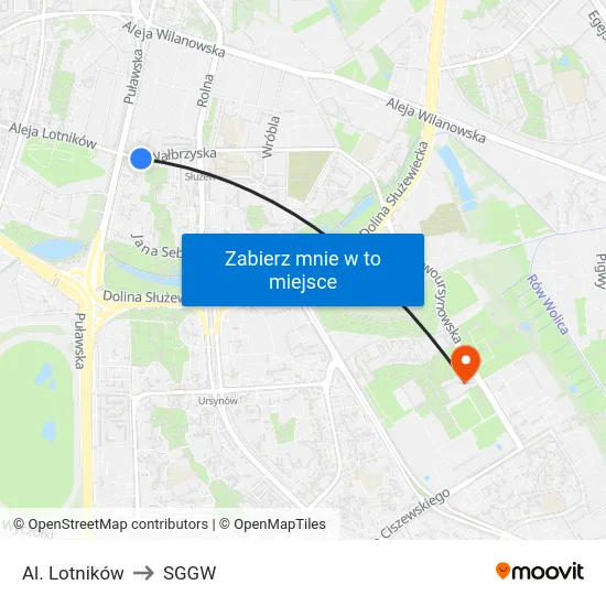 Al. Lotników to SGGW map