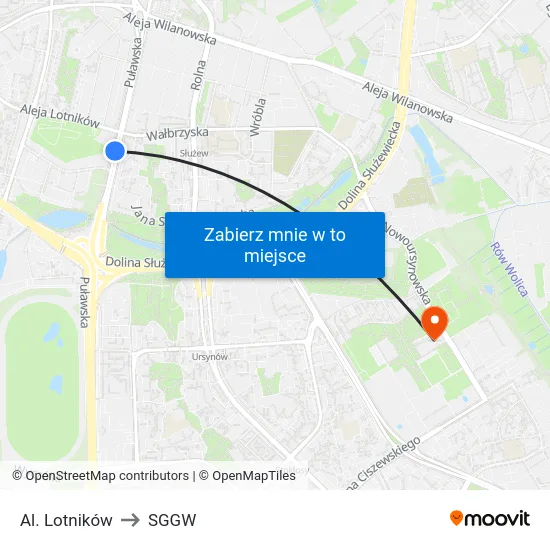 Al. Lotników to SGGW map