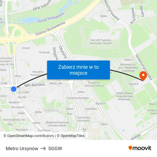 Metro Ursynów to SGGW map