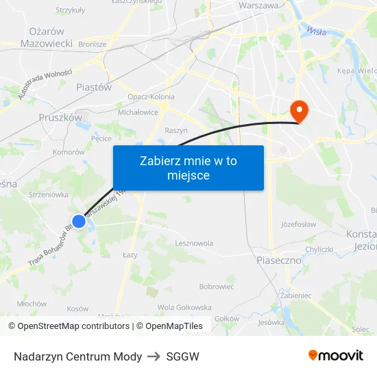 Nadarzyn Centrum Mody to SGGW map