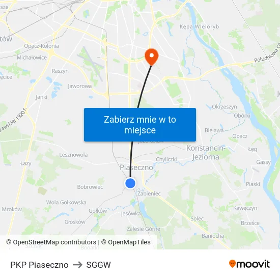 PKP Piaseczno to SGGW map