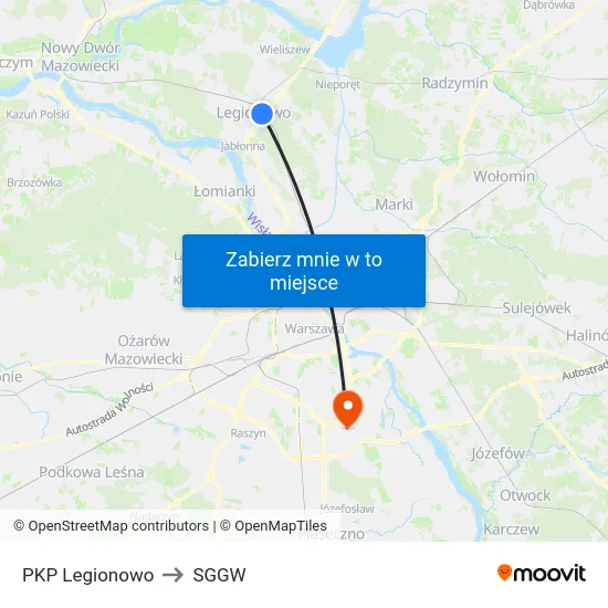 PKP Legionowo to SGGW map