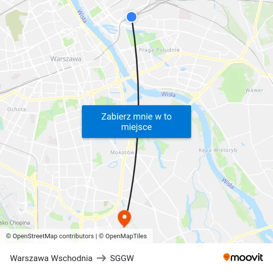 Warszawa Wschodnia to SGGW map