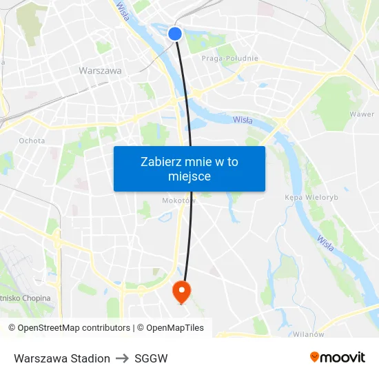Warszawa Stadion to SGGW map