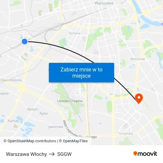 Warszawa Włochy to SGGW map