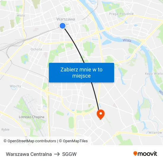 Warszawa Centralna to SGGW map