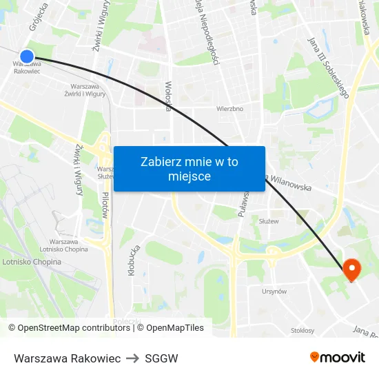 Warszawa Rakowiec to SGGW map