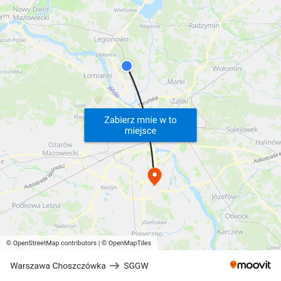 Warszawa Choszczówka to SGGW map