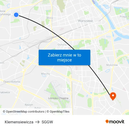 Klemensiewicza to SGGW map