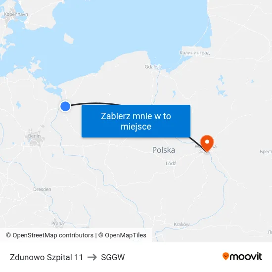 Zdunowo Szpital 11 to SGGW map