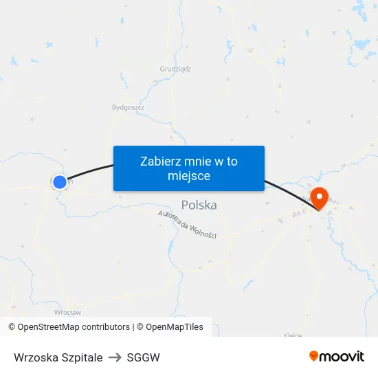 Wrzoska Szpitale to SGGW map