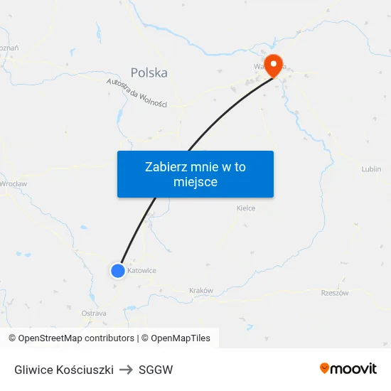 Gliwice Kościuszki to SGGW map