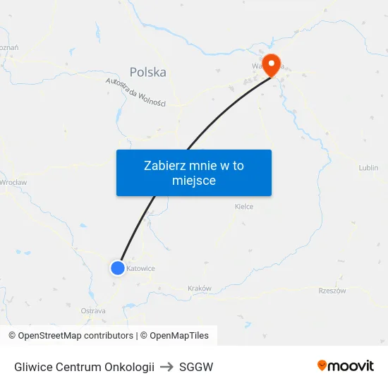 Gliwice Centrum Onkologii to SGGW map