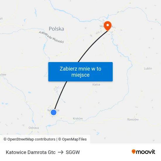 Katowice Damrota Gtc to SGGW map