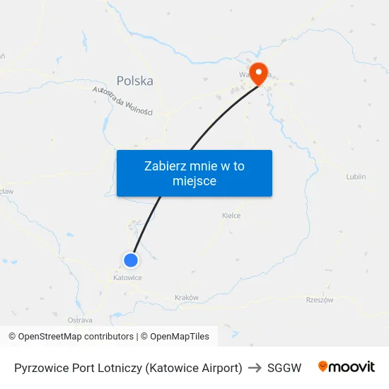 Pyrzowice Port Lotniczy (Katowice Airport) to SGGW map