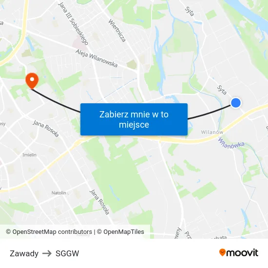 Zawady to SGGW map