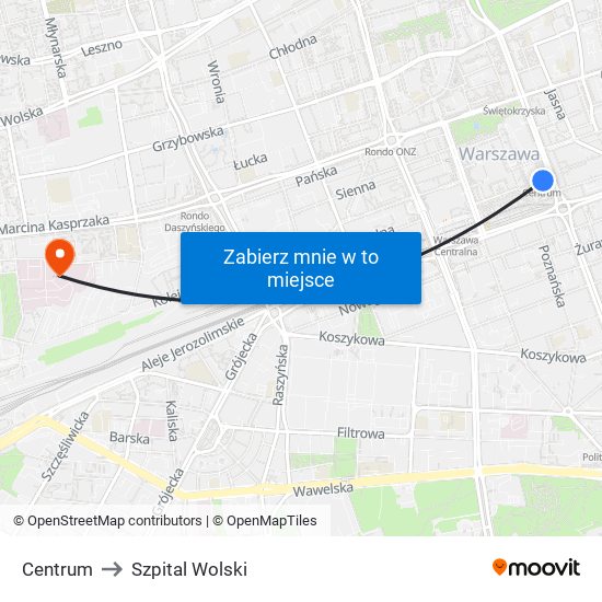 Centrum to Szpital Wolski map