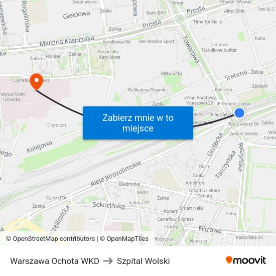 Warszawa Ochota WKD to Szpital Wolski map
