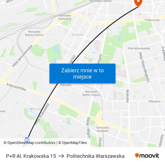 P+R Al. Krakowska 15 to Politechnika Warszawska map