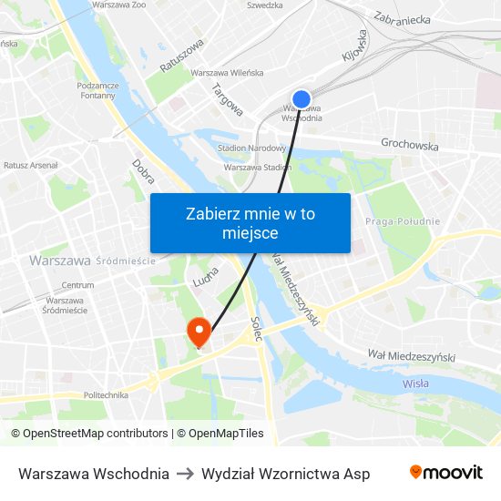 Warszawa Wschodnia to Wydział Wzornictwa Asp map