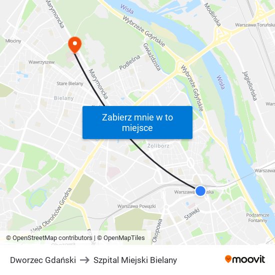 Dworzec Gdański to Szpital Miejski Bielany map