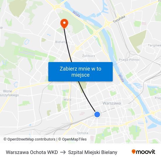 Warszawa Ochota WKD to Szpital Miejski Bielany map