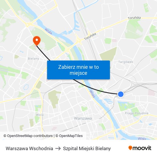 Warszawa Wschodnia to Szpital Miejski Bielany map