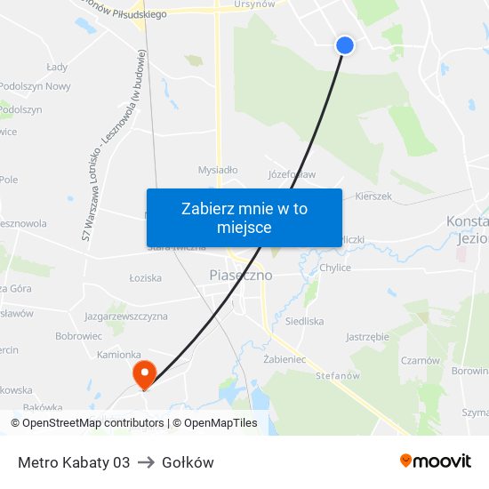 Metro Kabaty to Gołków map