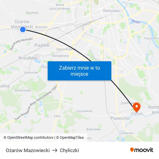 Ożarów Mazowiecki to Chyliczki map