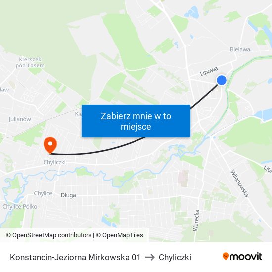 Konstancin-Jeziorna Mirkowska 01 to Chyliczki map