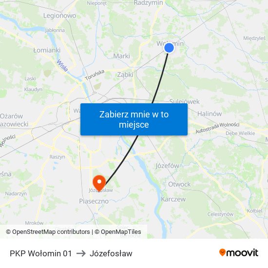 PKP Wołomin to Józefosław map