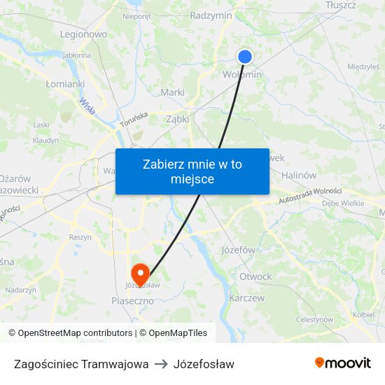 Zagościniec Tramwajowa to Józefosław map