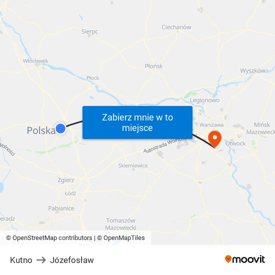 Kutno to Józefosław map