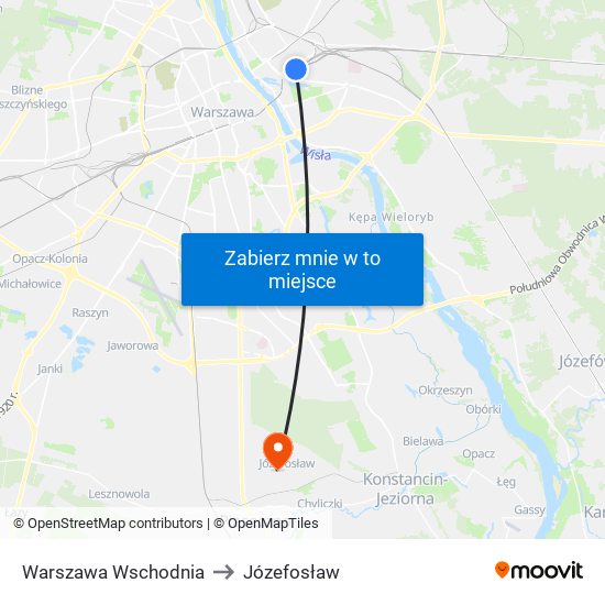 Warszawa Wschodnia to Józefosław map