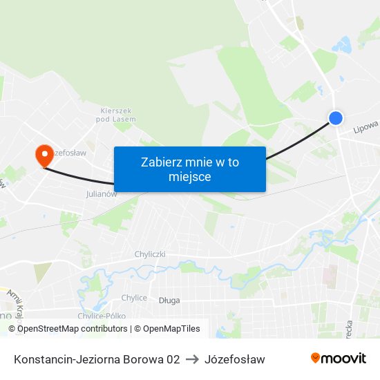 Konstancin-Jeziorna Borowa to Józefosław map