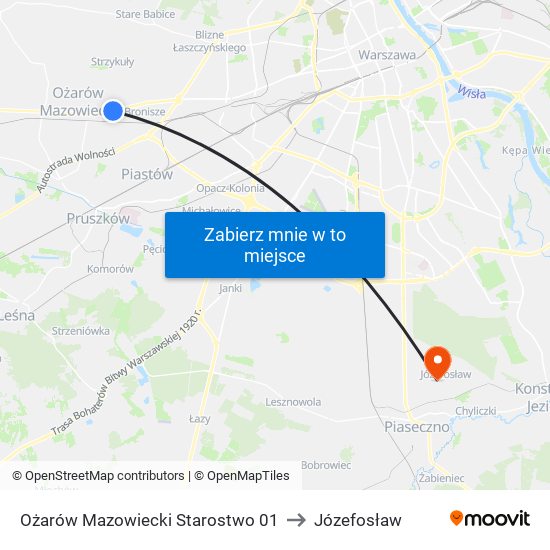 Ożarów Mazowiecki Starostwo to Józefosław map